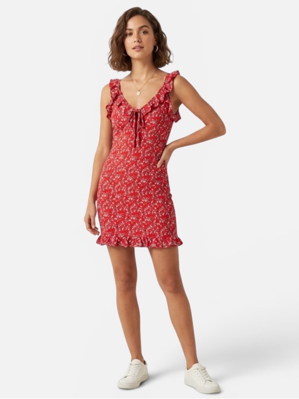 NWT Japna Women's Bodycon Stretch Dress Red Floral Sleeveless Ruffle V Neck - M